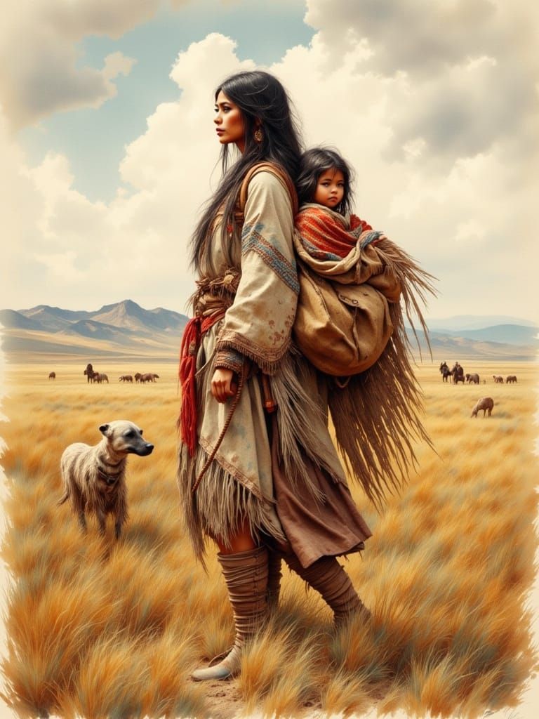 Young, Native American woman a four year old child crosses the Wyoming plains   by @Char