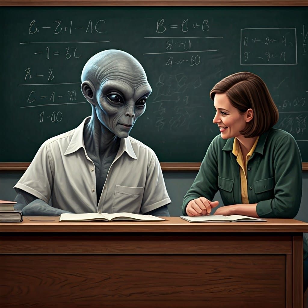 At a teacher's desk, a friendly grey alien wearing a white opened shirt sits being the desk with a blackboard behind him, a woman sits next...