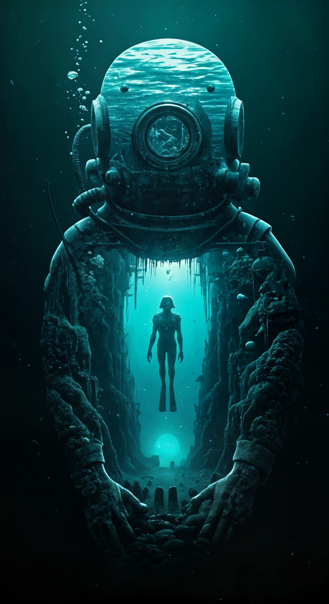 Inside the silhouette of a weathered deep-sea diver, a multiple exposure, multi-layer VHS screengrab ...  by @morr5750