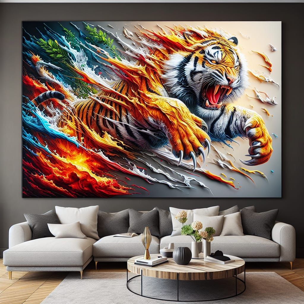 Roaring Tiger Leaping from 3D Impasto Painting