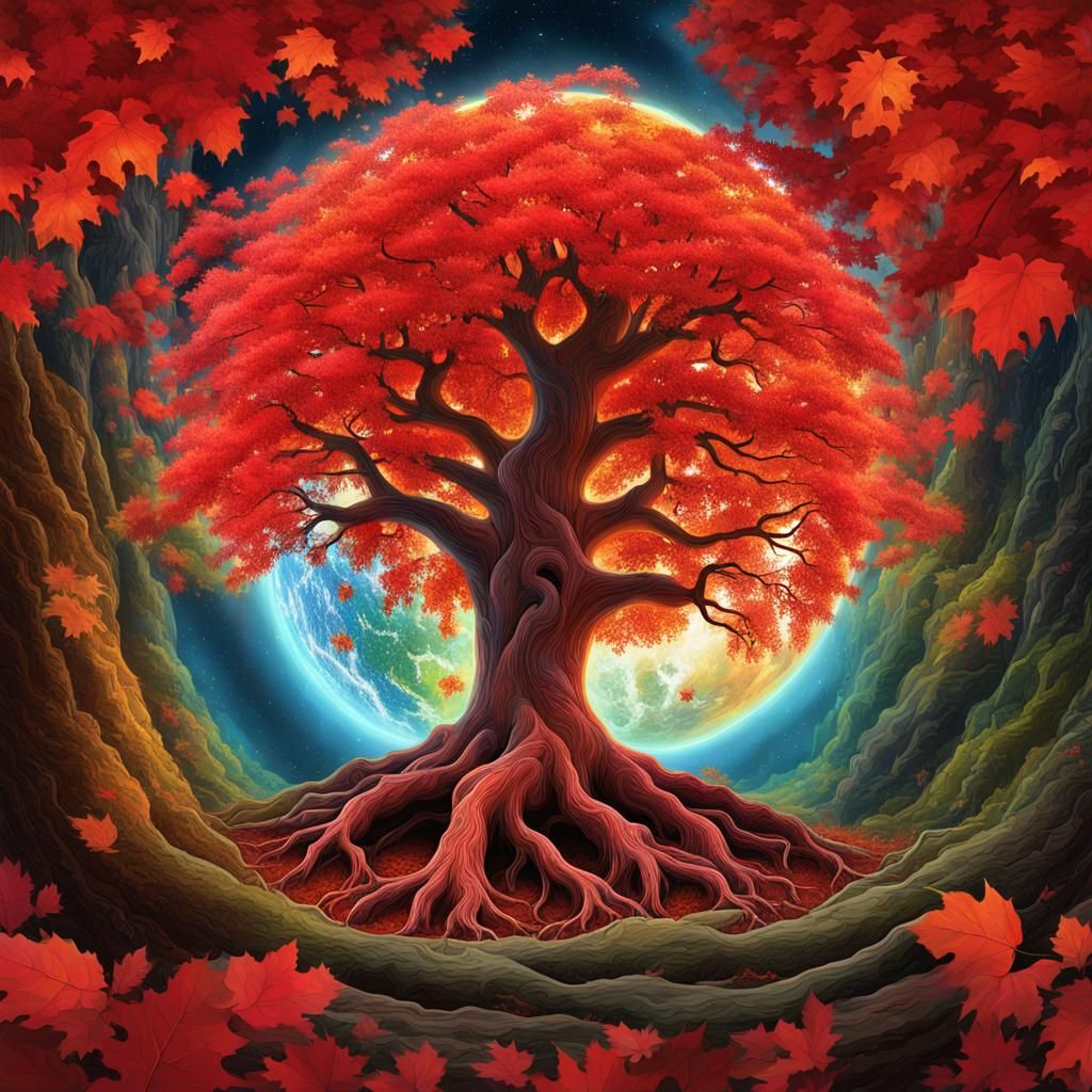 Tree of Life with Floating Earth, Holographic Illustration