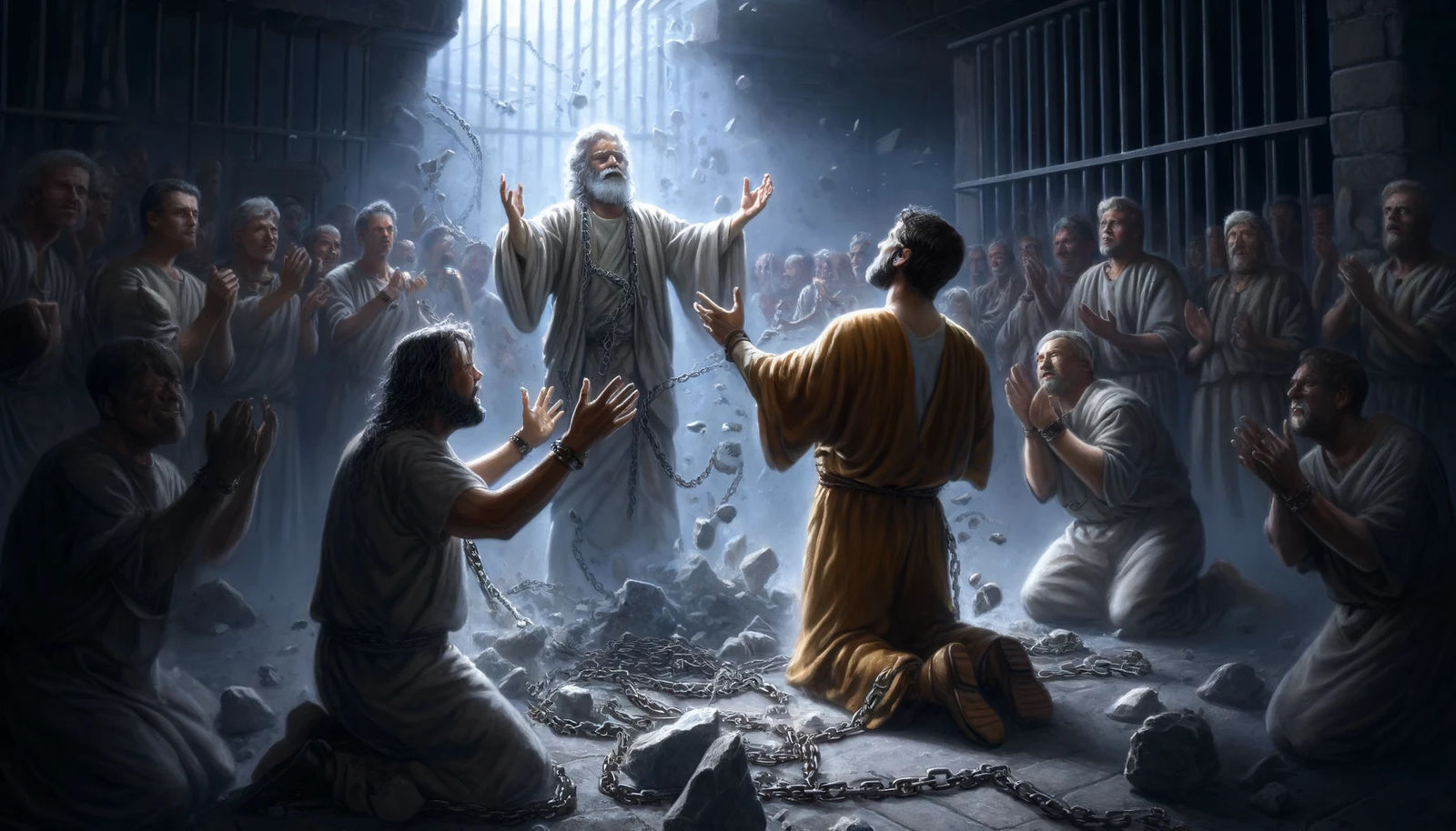 God delivers Paul from prison shackles as he and Silas prais...