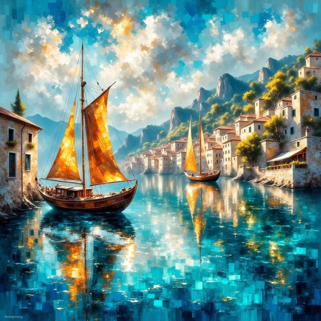 Create sailboats just off the Medeterrainian Coast, showing the coastline and small town.
  by @Char