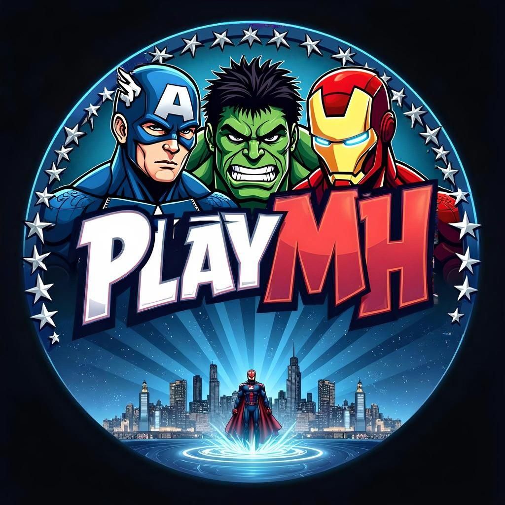A circular logo for PlayMH a gaming community related to the marvel universe, with many of the marvel characters in a cartoon style.  The Pl...