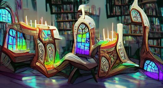 Fantasy library filled with books and candles with arching w...