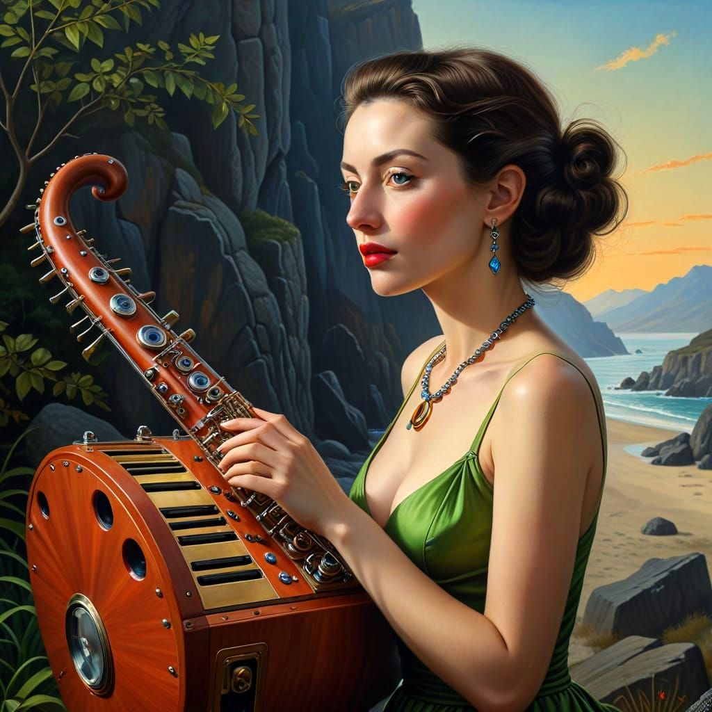 Happy Lady with Musical Instrument in Surreal Landscape