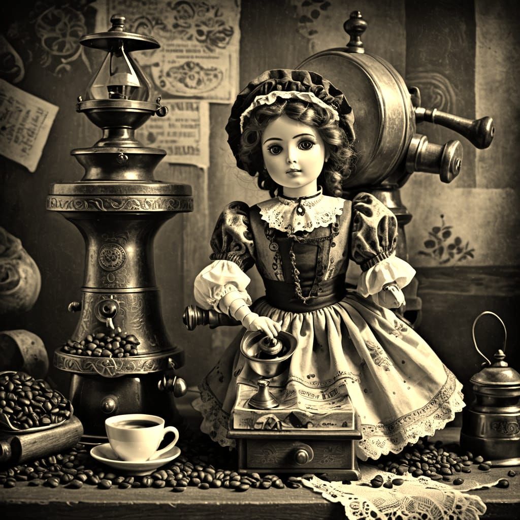 a porcelain  doll dressed in vintage style leans against an ...