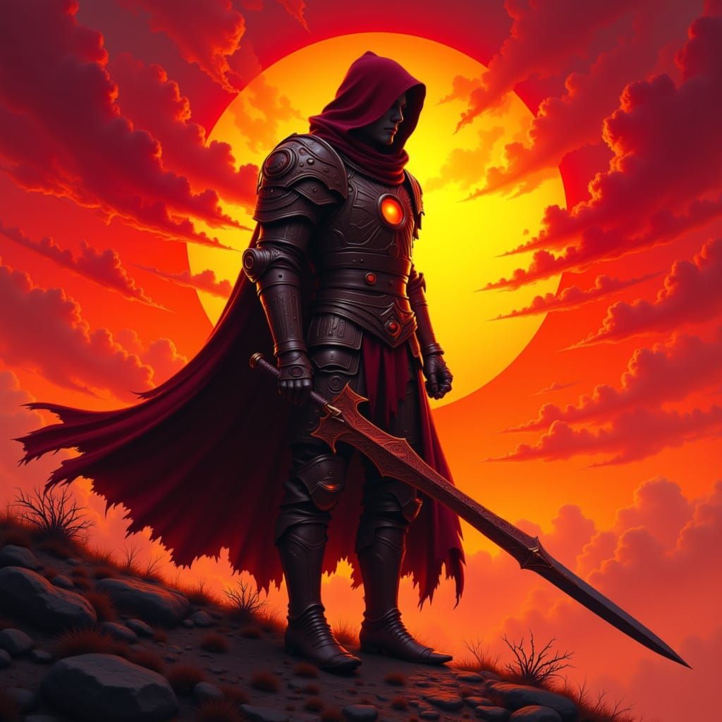 Splash art. A lone warrior stands silhouetted against a fiery sunset, holding a glowing sword. The scene is reminiscent of a video game cove...