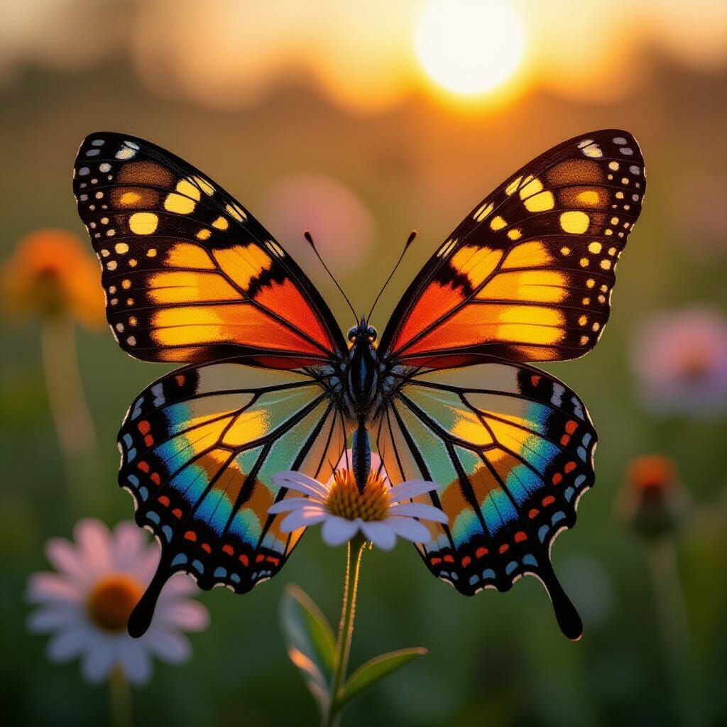 Butterfly Wings Showcase Realistic Flower Field Double Expos...