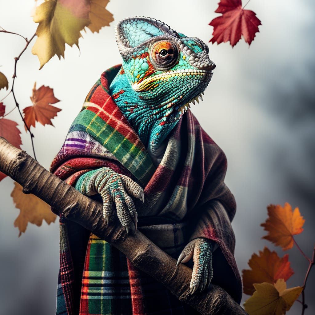 Chameleon perched on a branch with a robe featuring a tartan plaid pattern