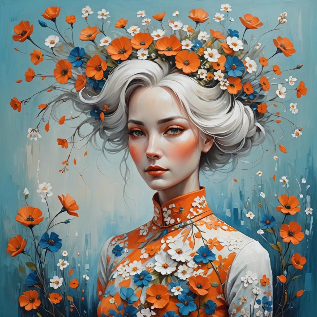 Painting of a woman in white m orange and blue