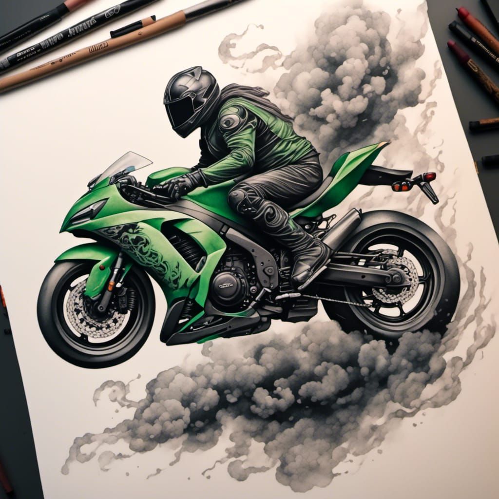 Such a detailed view of a wheelie on a Ninja 400 AI Generated Artwork