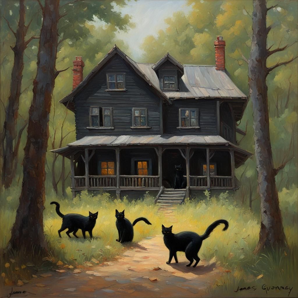 Black cats surround a house in middle of forest