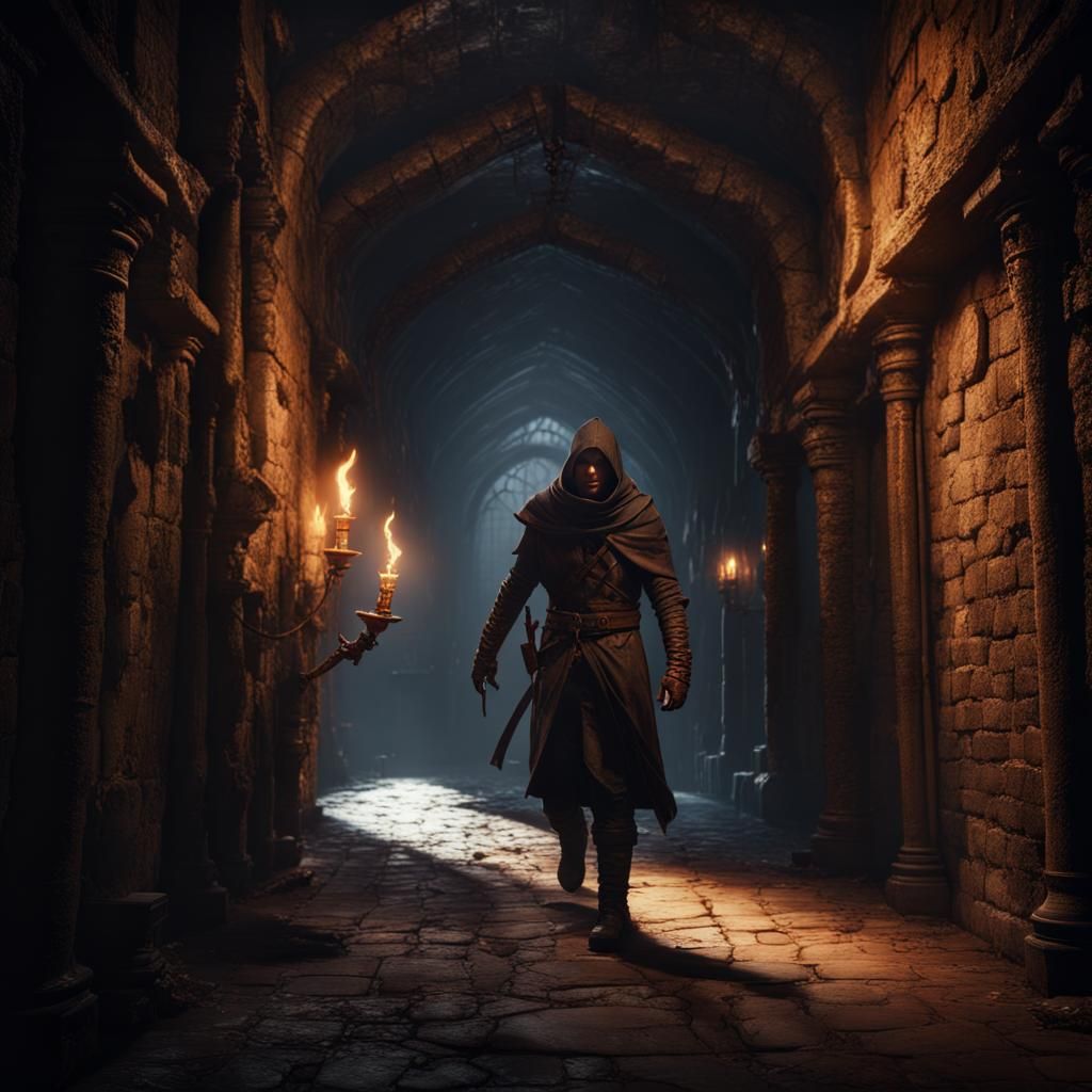 Thief sneaking away in a dark dungeon hallway with only 1 to...