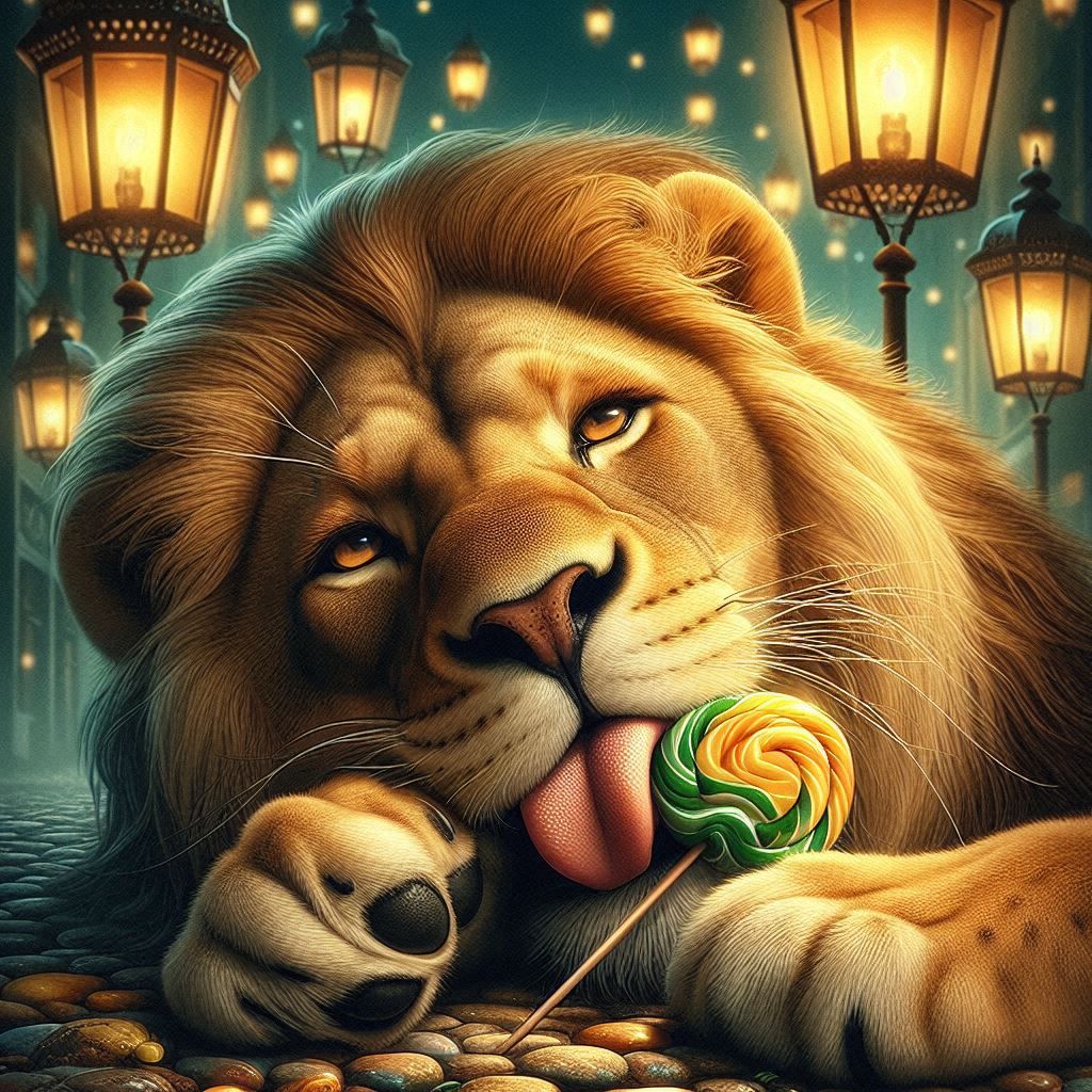 Lazy lions lie longingly, licking lemon lollipops under lant...