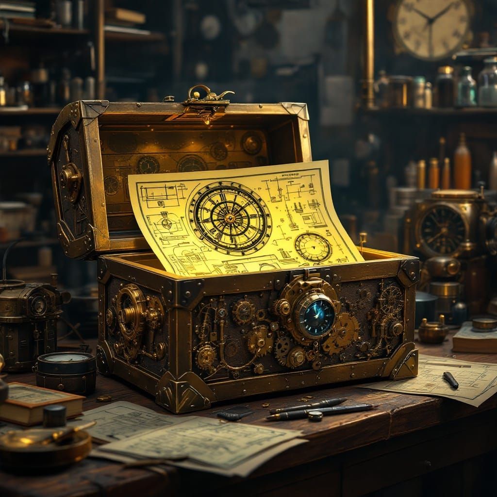 A steampunk-inspired treasure chest, adorned with intricate clockwork gears and brass plating, sits open ...  by @techs_legacy