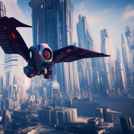 robot bird flying over futuristic city - AI Generated Artwork ...