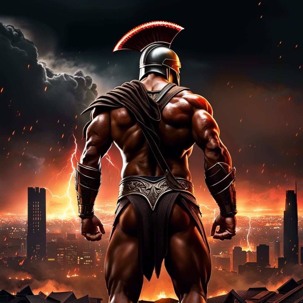 Spartan Warrior with a perfect muscular tan body, wearing a ...