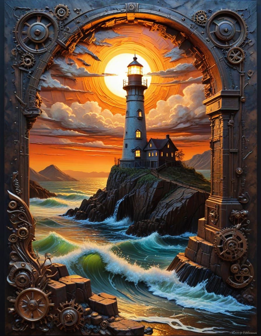 ((Impasto Cascade Hallucination)) High Relief Trompe L'oeil, Steampunk lighthousr Sunset  by @SERGIO