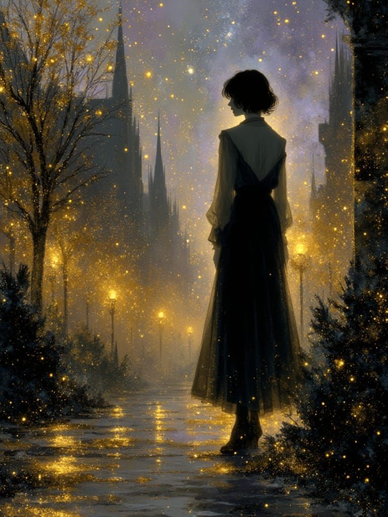 Oil painting of the back of a woman waiting at the street corner of a victorian style street, palace, autumn night rain, intricate details, ...