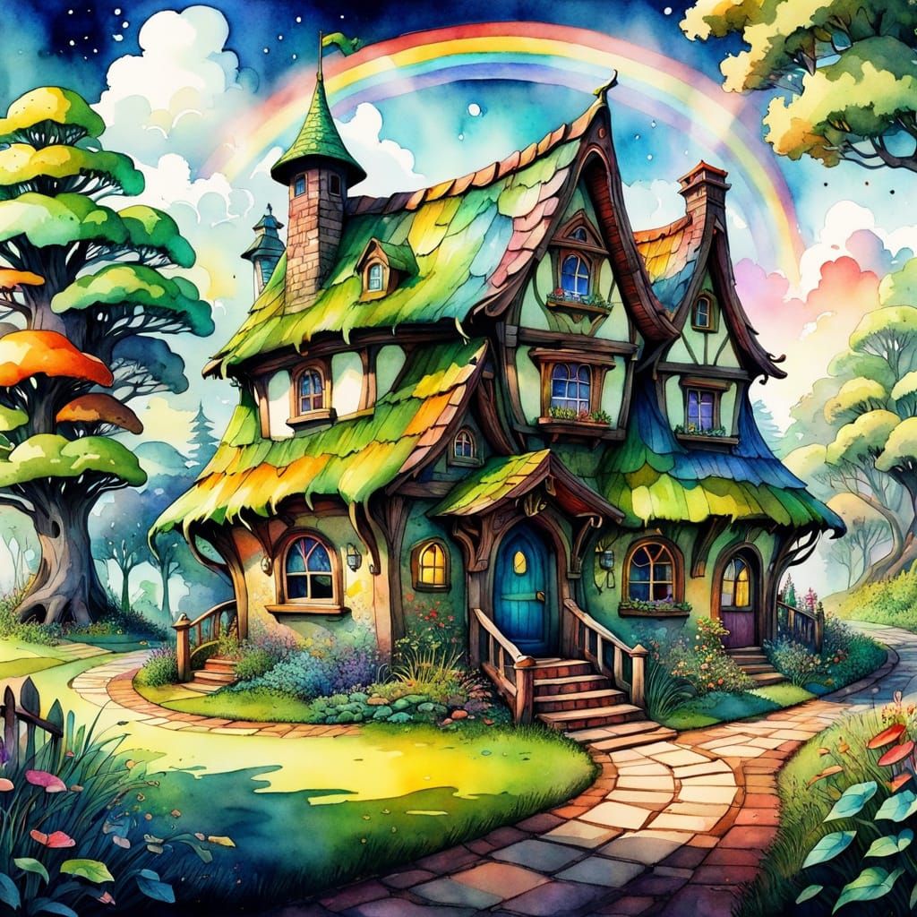 Dreamy Whimsical Leprechaun Cottage in Vibrant Watercolor an...