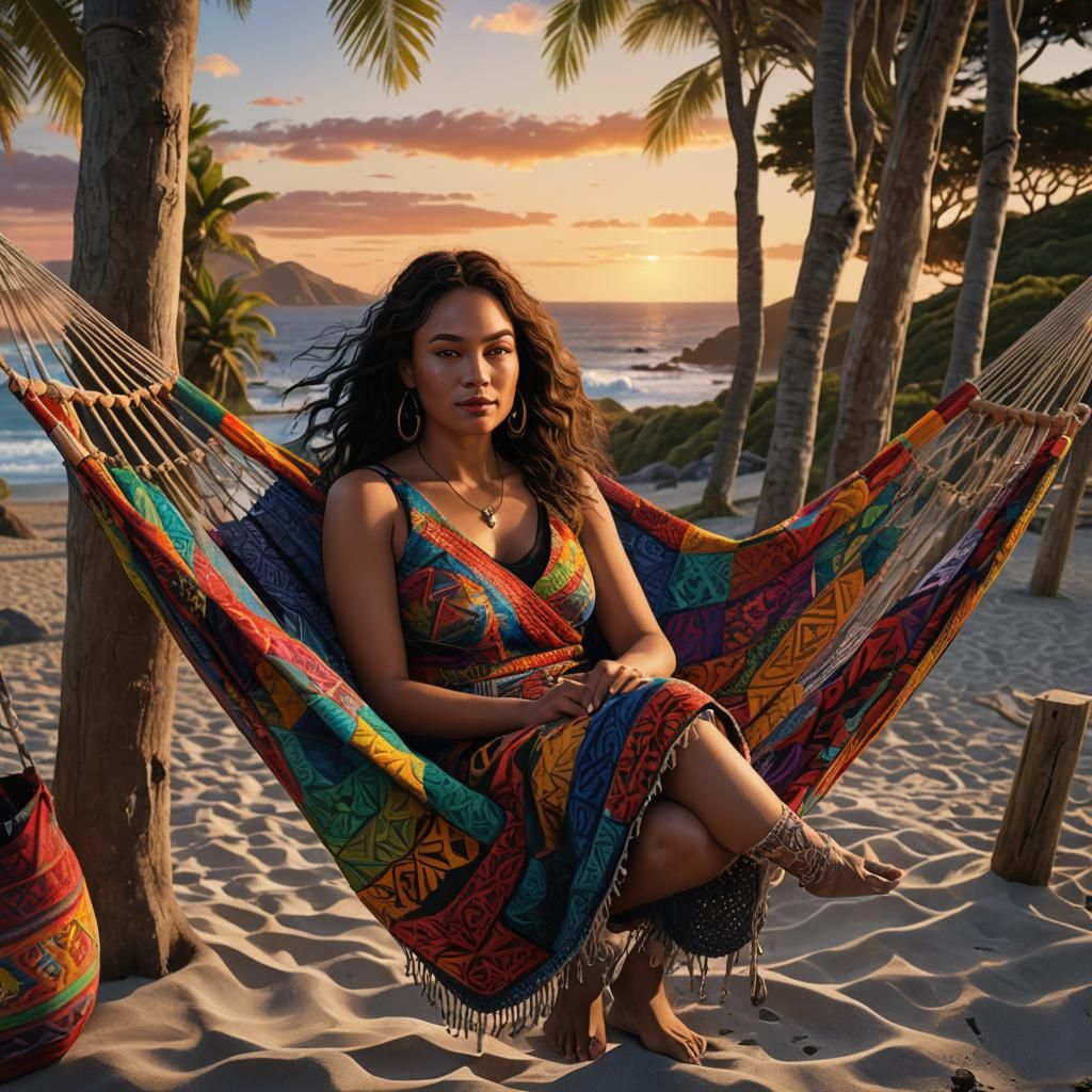 Photorealistic portrait of a young Māori woman relaxing in a...