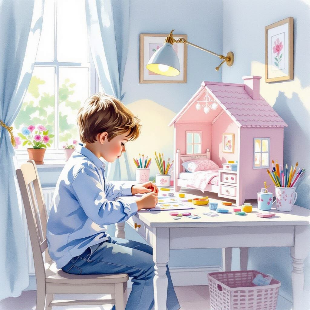 Boy Building Pink Miniature Bedroom in Blue Room Watercolor