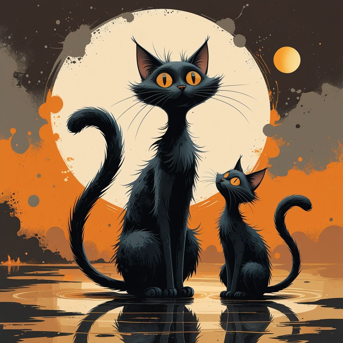 two black cats with whimsical features