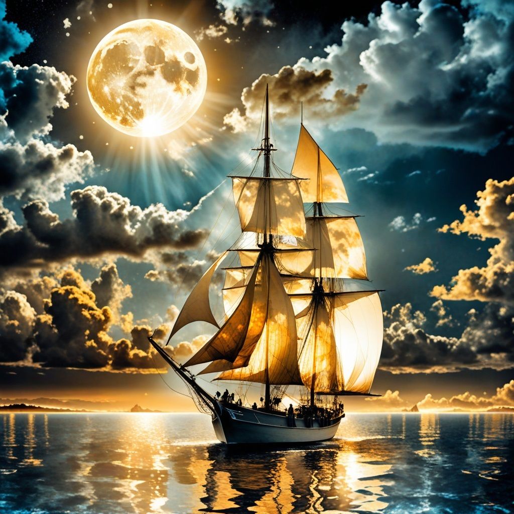 Sailboat sailing in the moonlight