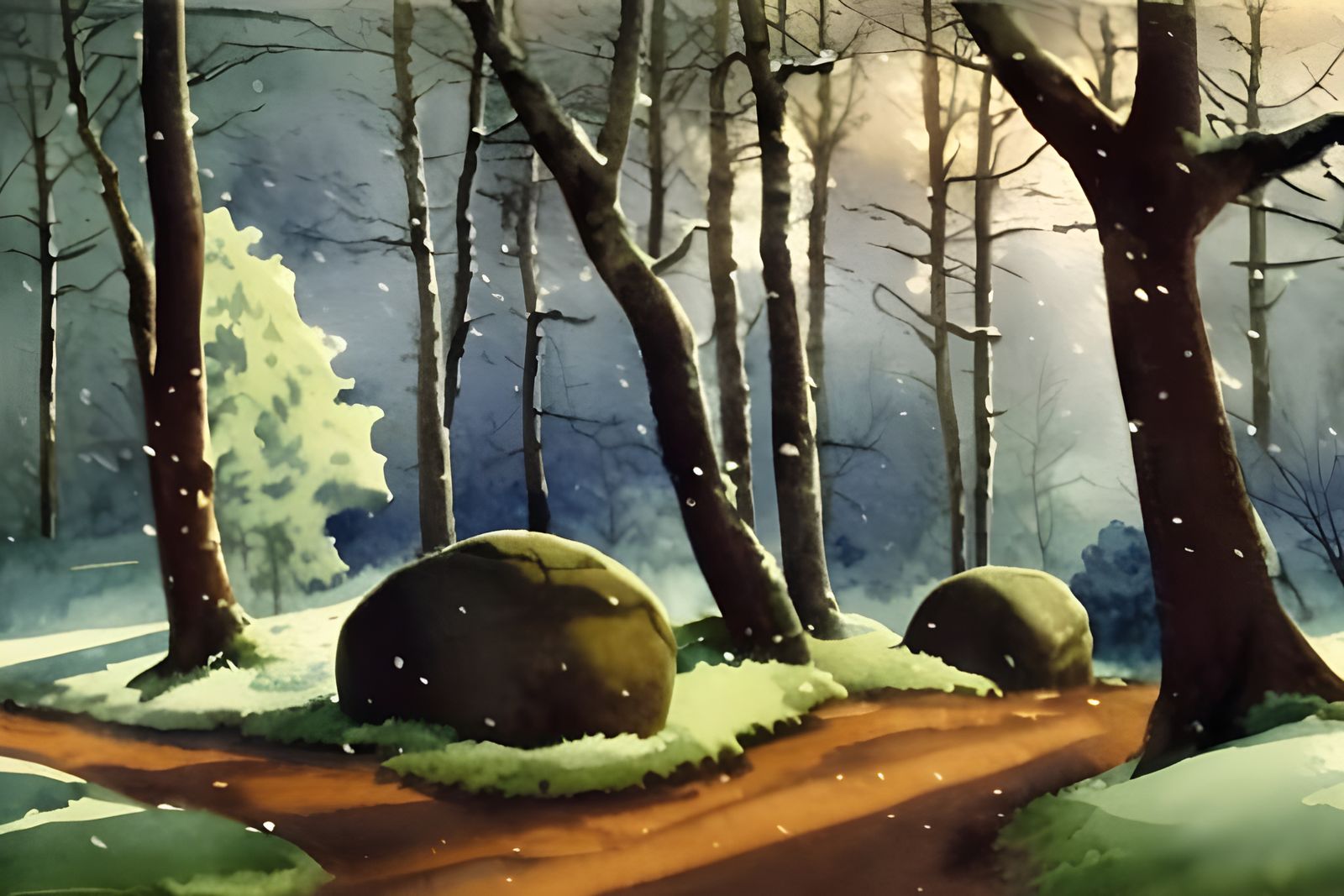 Watercolor painting of snow falling in a secluded forest gro...