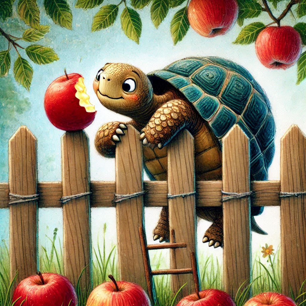a very adorable cute tortoise climbs over the fence with a mischievous expression on his face to steal apples