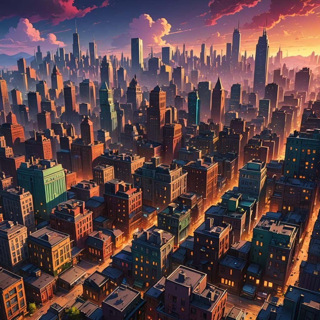 Colorful comic scene background with city silhouette for a l...