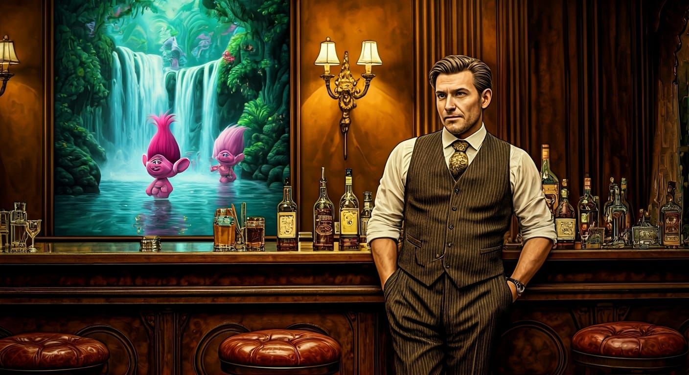 a Dad wearing a 1920s suit leaning against the bar in a 1920s Speakeasy with a picture behind the bar ...  by @Ed Evans