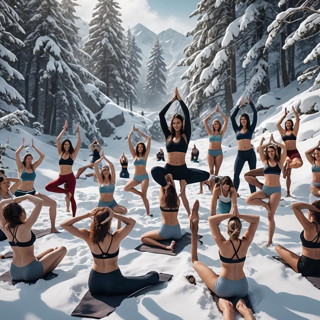 Pale women bikini models making yoga poses for a group photo. Make the  setting in the snow. Have the women be fat. - AI Generated Artwork -  NightCafe Creator