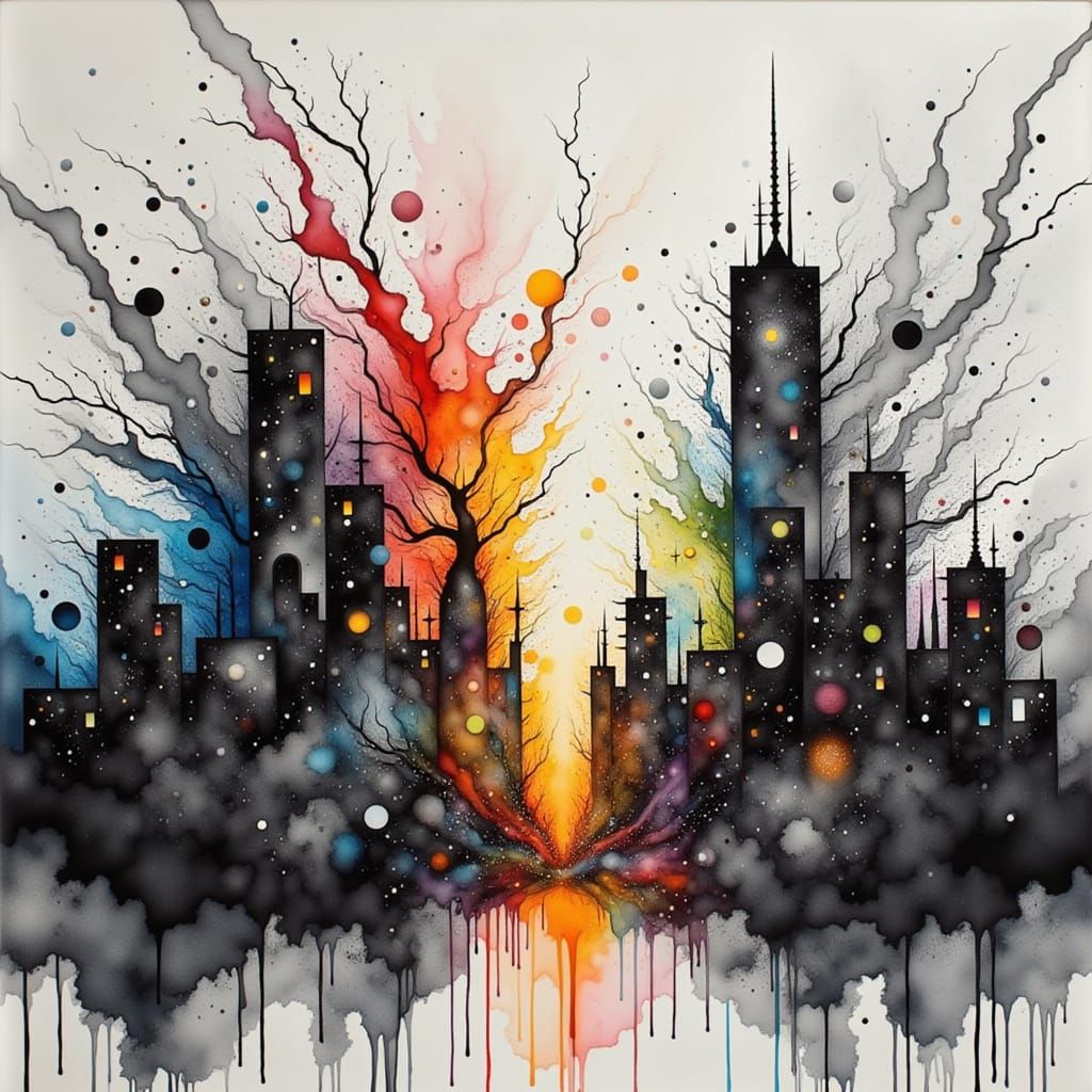 <lora:ChromaDraw:1.0>  The silence of grey concrete makes me scream in color, alcohol inks, water colors