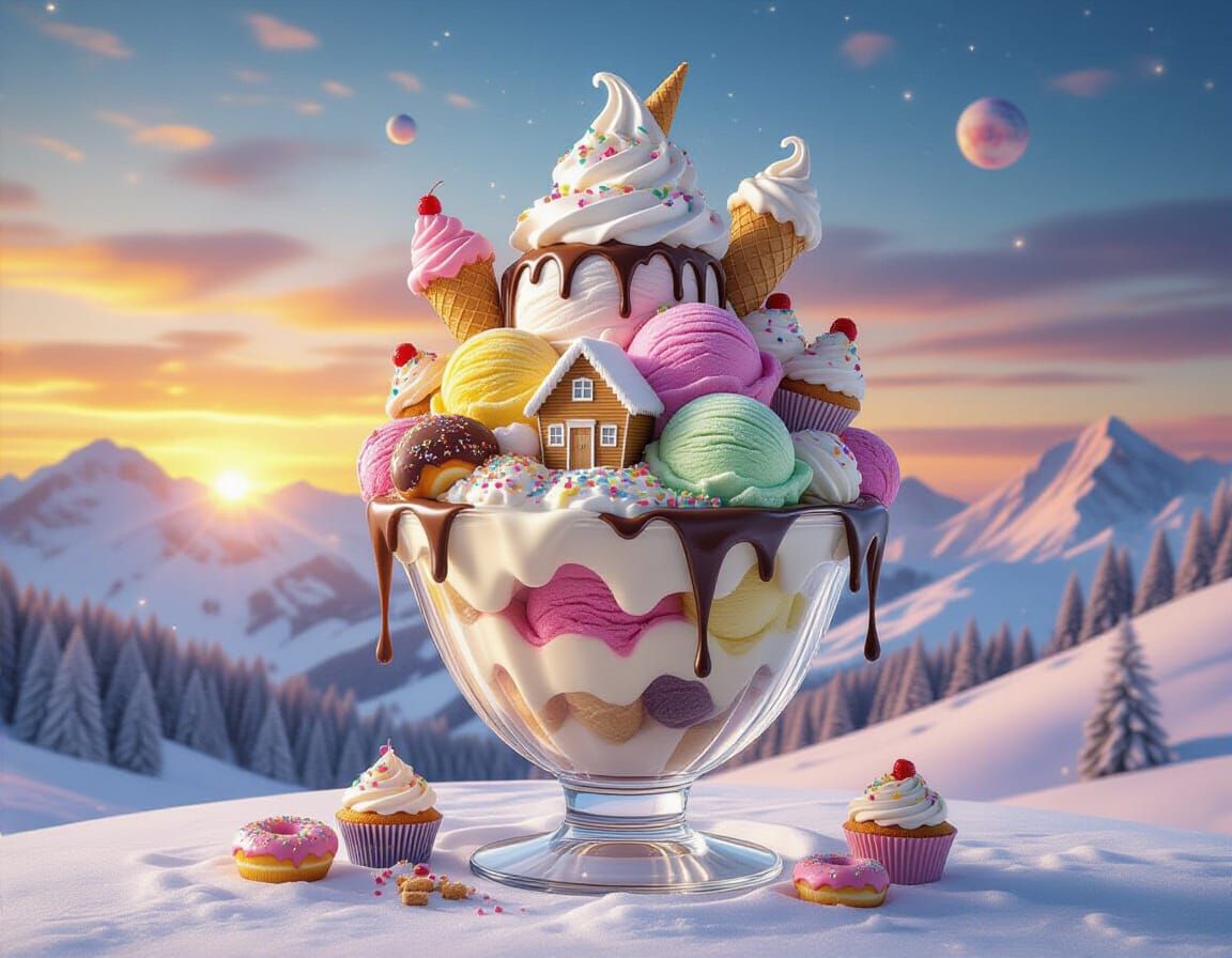 a giant icecream sundae, with a pretty cascading icecream village inside it, with icecream cone-shaped ...  by @Spearmint