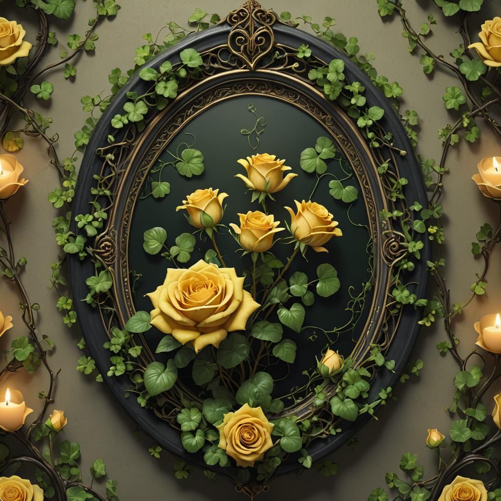 growing yellow rose flower vines with green shamrocks entwin...