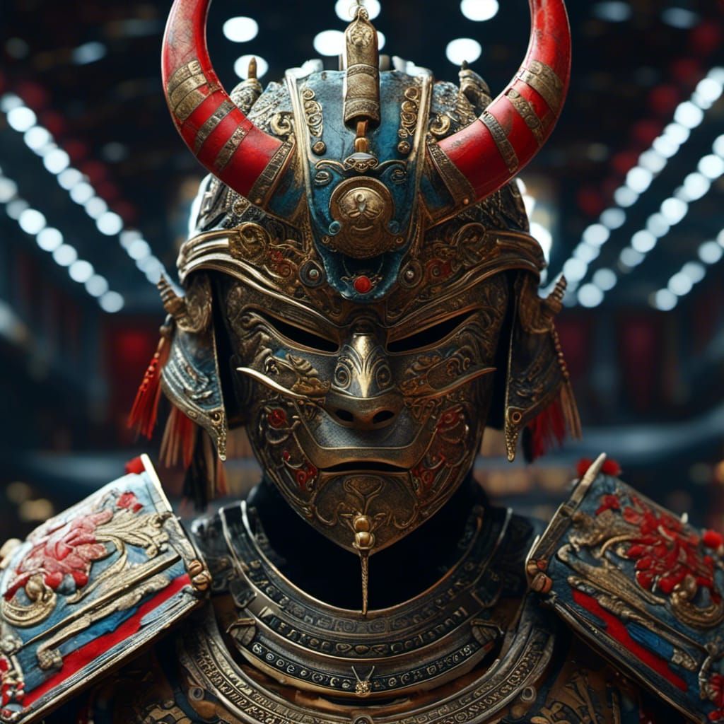 <lora:MJ6 Masks:1.0> Samurai Spirit: A mask inspired by ancient samurai armor, with intricate patterns and symbols representing honor and b...