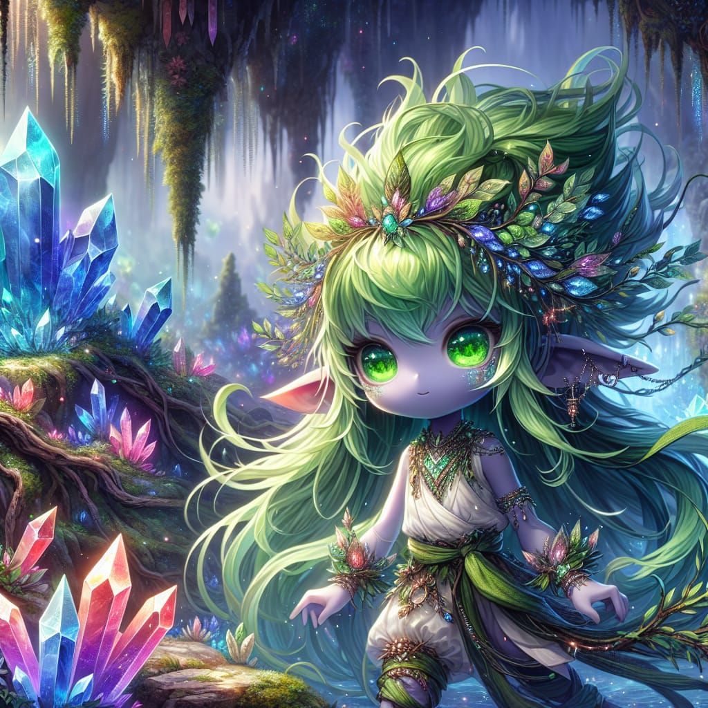 Anime dryad girl with long lime green hair and bright green eyes is wandering in a quartz cave, with ...  by @louwhodoodle 