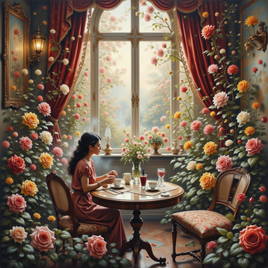 Maximalist Coffee Scene Still Life in Gouache Style