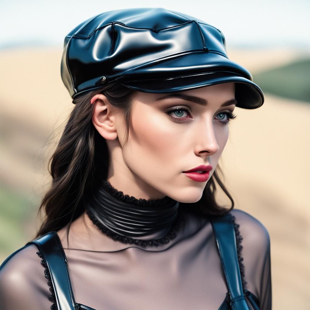 Portrait of a young brunette woman wearing a shiny black lat...