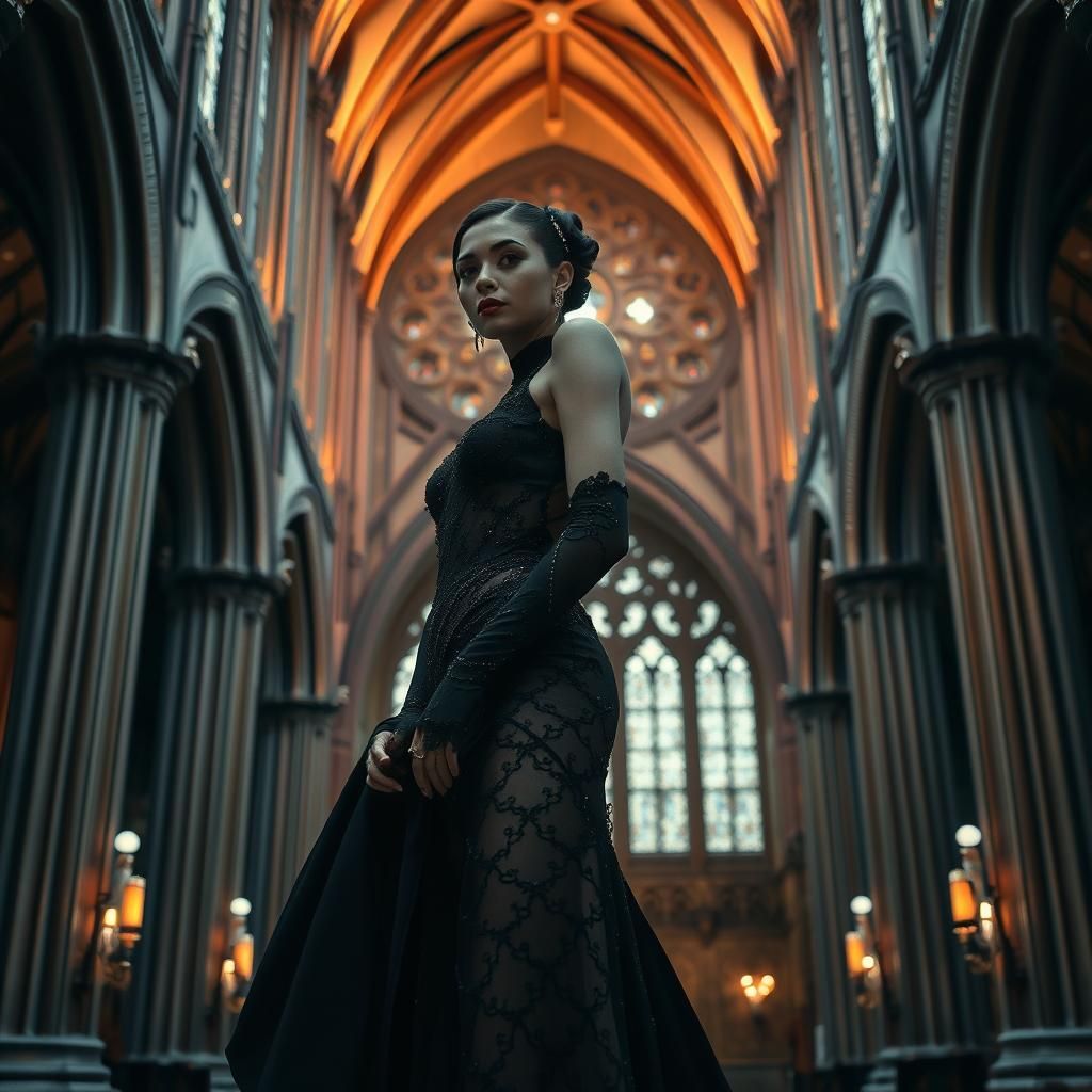tall very slender Art Deco Haute couture fashion model, photo shoot in grand neo gothic cathedral, intricate details, HDR, beautifully shot...