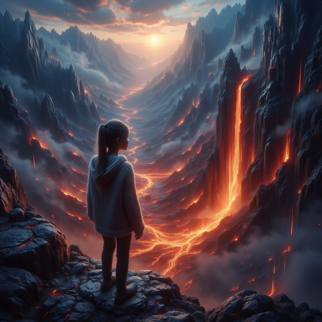 <lora:-Omnious-:1.0> A girl stares at a blazing lake from the top of a mountain, with the lake looking like lava falling from the sky. 