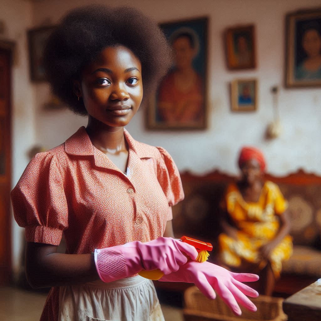 An young Ghanaian domestic worker cleans the living room of her poor family in Accra in the 1960s (2)
