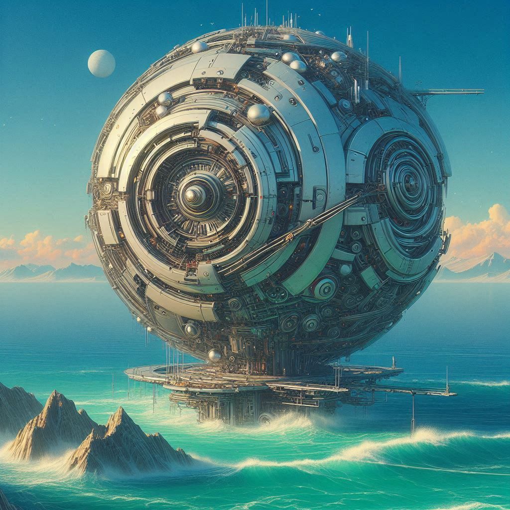 a mechanical sphere floating over a turquoise sea, futuristi...