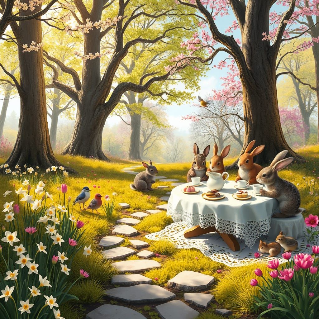 Whimsical Forest Gathering in Warm Sunlight
