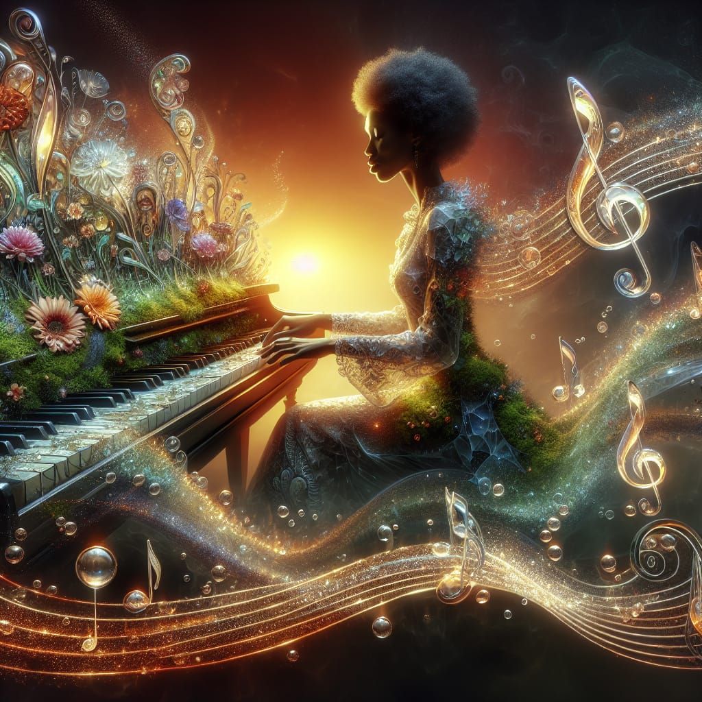 A beautiful woman playing the piano while glass music notes filled with moss and flowers drift through ...  by @AutumnBear