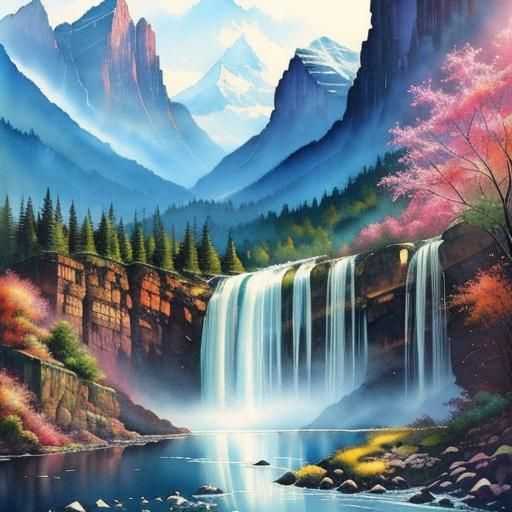 Waterfall and mountains amazingly hyperdetailed a masterpiec...
