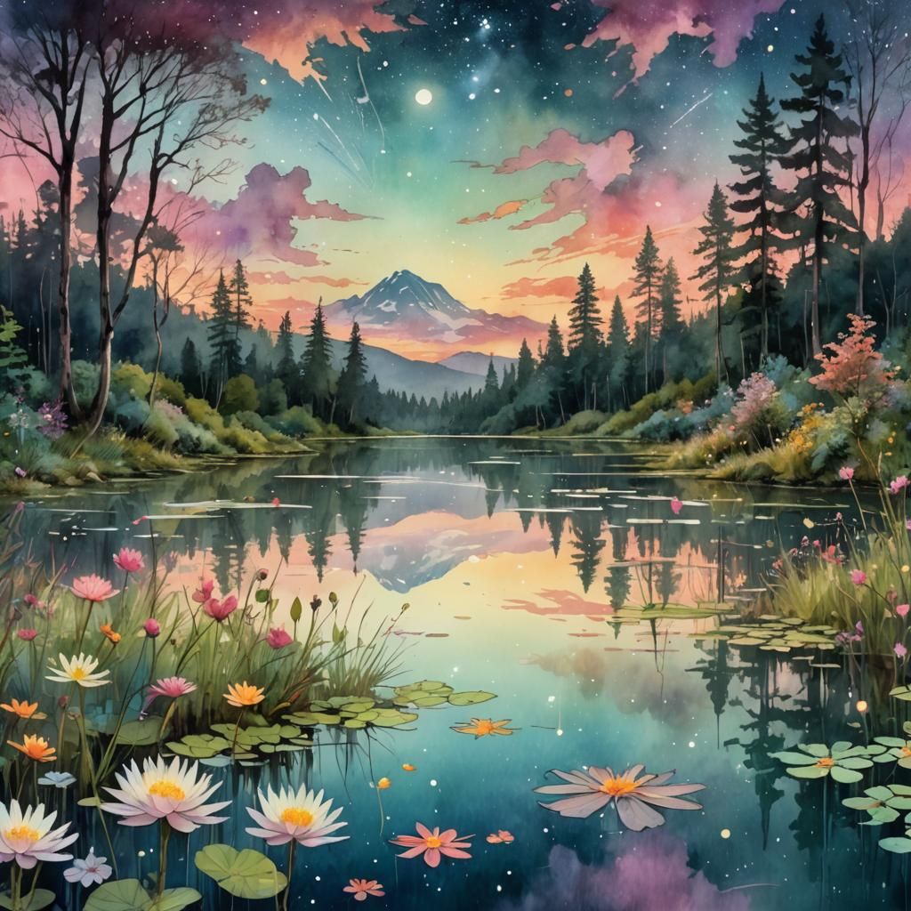 Sunset sky over a tranquil lake in a forest glade, stars ref...
