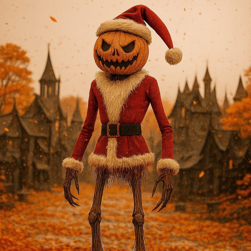 hay-stuffed scareclaus pumpkinhead and autumn snowfall